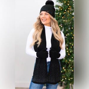 NWT Nanette Lenore Black Scarf, Gloves and Beanie Set With Rhinestones